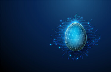 Naklejka na ściany i meble 3d blue Easter egg with spreading microchip circuit lines beneath it. Festive technology concept, high-tech holiday symbol, modern electronics aesthetics concept.