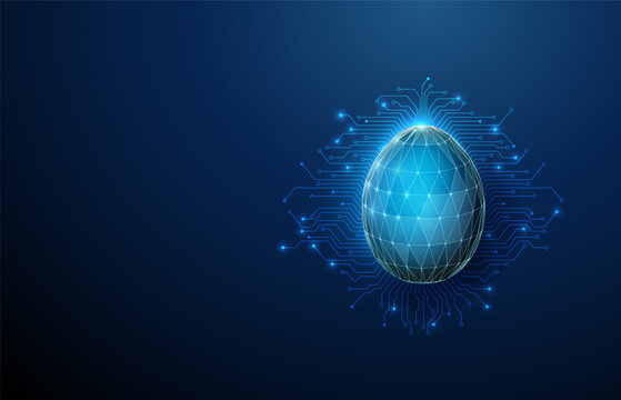 3d blue Easter egg with spreading microchip circuit lines beneath it. Festive technology concept, high-tech holiday symbol, modern electronics aesthetics concept.