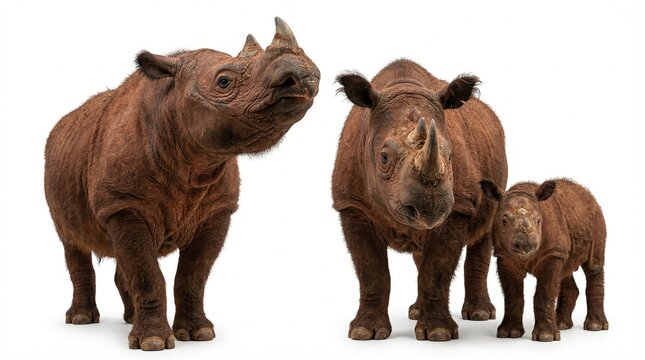 Sumatran Rhinoceros Family Group in Studio Style. A collection of rhinoceros animal portraits, including mother, baby, calf, bull, horn, endangered, wildlife, mammal, rarity