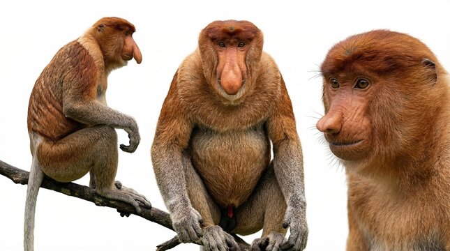 Proboscis monkey photo set in studio style. A collection of wild primate photography including primate, endemic, Borneo, long nose, orange fur, wildlife, species, mammal, arboreal