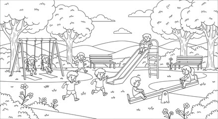 Obraz premium Happy children playing outdoors at a park, black and white outline drawing