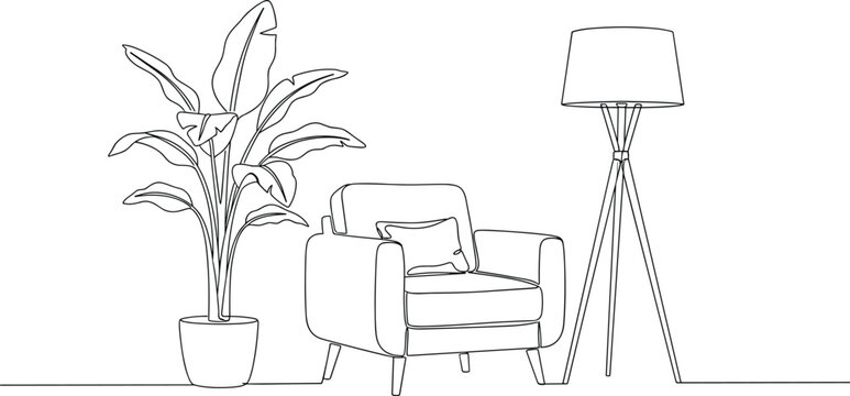 Continuous one line drawing of modern armchair tripod floor lamp and potted banana leaf plant home interior decoration