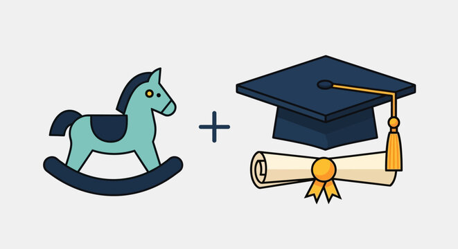Conceptual Illustration of Educational Growth: Rocking Horse Plus Graduation Cap and Diploma Representing Journey from Childhood to Higher Education Success
