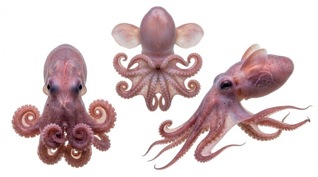 Dumbo Octopus Specimen Set in Macro Photography. A collection of deep sea organisms photographic studies, including tentacles, suckers, fins, mantle, translucent, and more. High resolution.