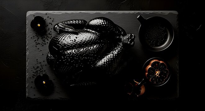 A dark and moody still life of black truffles on a slate board with coffee