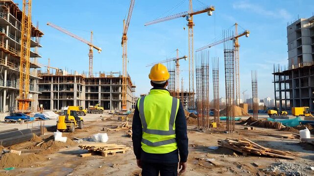 Construction site worker overseeing cranes and buildings