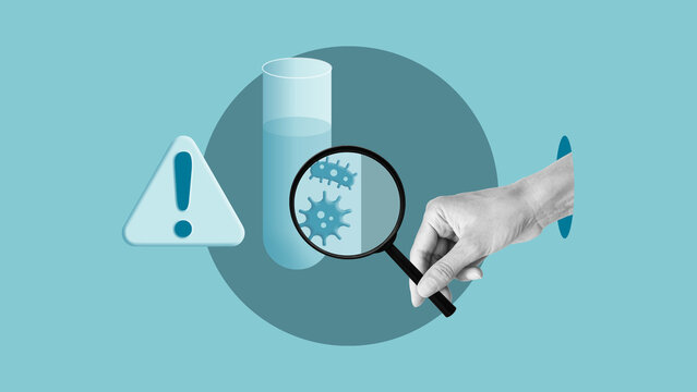 Bacteria detection concept with magnifying glass analyzing microbes in test tube, contamination warning, laboratory research, microbiology, infection risk and medical diagnostics on blue background