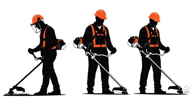 Vector illustration of a professional landscaper worker operating a string trimmer with safety gear.