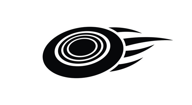 Black and white vector graphic illustration of a flying disc or frisbee with stylized motion trails
