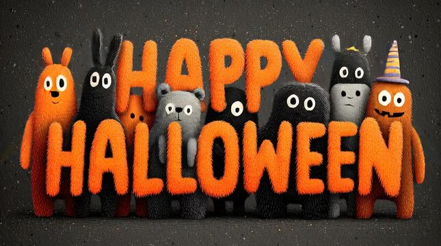A playful Halloween scene featuring colorful characters and festive lettering celebrating this spooky holiday.