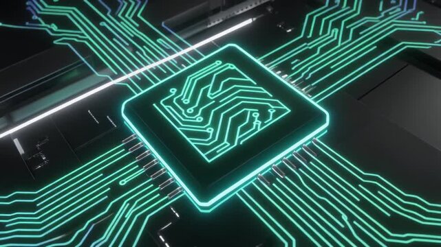Glowing teal microchip with neon circuit traces, symbolizing modern computing, data connectivity, and advanced electronic visualization.