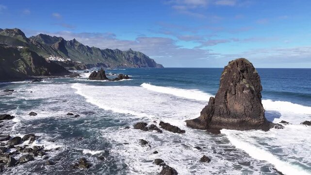 View of Benijo beach at high tide. Anaga Rural park. Northern part of Tenerife. Canary Islands.