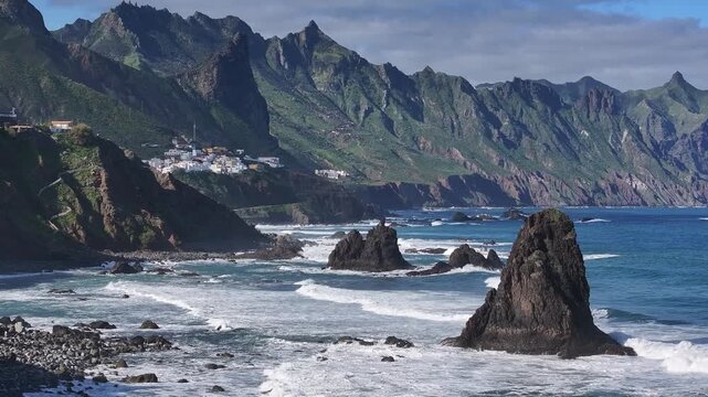 View of Benijo beach and the village of Almaciga. Northern part of Tenerife. Canary Islands.