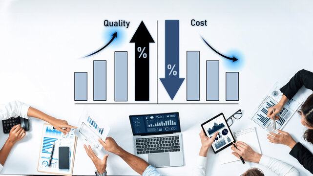 This image showcases business professionals analyzing financial data, emphasizing quality versus cost with graphs and charts, highlighting crucial decision-making processes. Trope