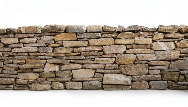 Long Horizontal Dry Stone Wall Isolated On White Background