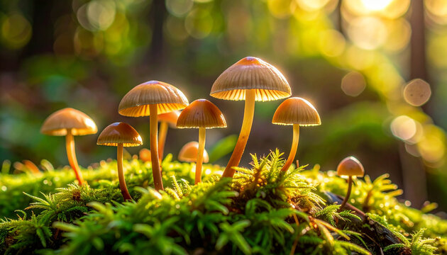 Close up of mushrooms growing in lush green moss with golden sunlight