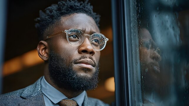 A handsome black man wea glasses looks thoughtfully out a rain-streaked window reflecting his pensive expression into the wet glass pane.