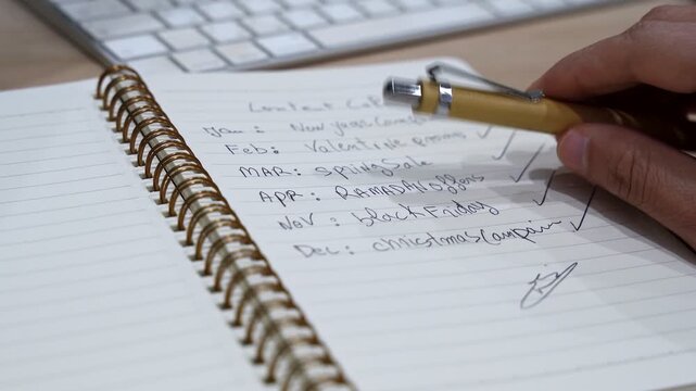 Close-up of a hand holding a pen above a handwritten content calendar in a spiral notebook on an office desk, with keyboard in soft indoor light and shallow depth of field.