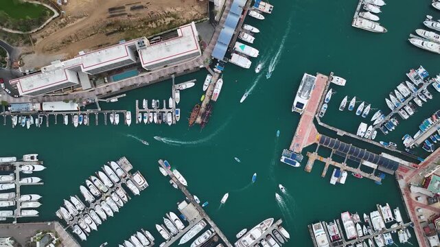 Top Down Shot Of Boats Anchored Side By Side At La Marina In Los Cabos Baja California, Mexico