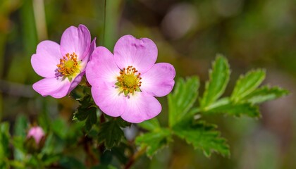 Fototapeta premium Close-up of two pink wildflowers with yellow centers and green leaves. Soft focus background