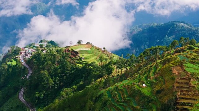 Highland crop terraces above clouds in Benguet mountains, Halsema Highroad Point