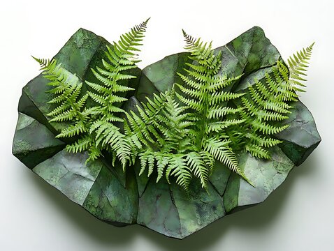 Verdant ferns erupting from fractured geological formations, an artistic display
