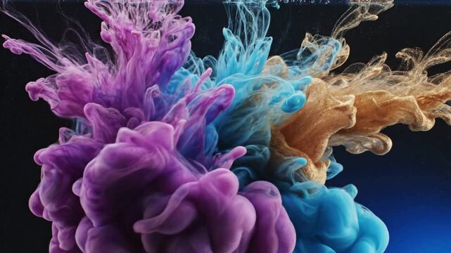 Vibrant purple, blue, and orange ink clouds explode in water, creating a mesmerizing display of color and movement 4K
