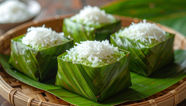 Close up of coconut rice cakes on a bamboo tray for culinary presentation