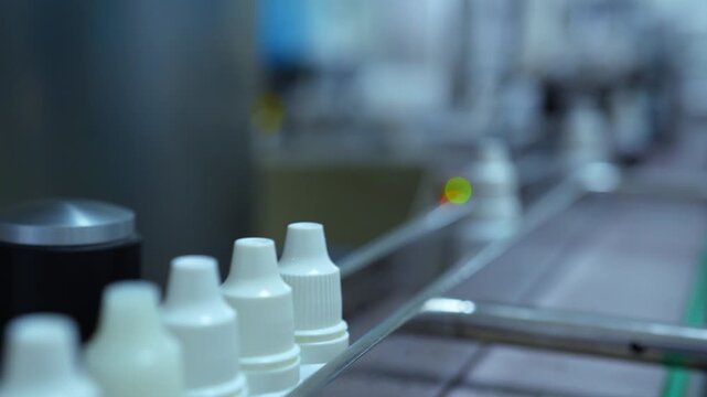 eye drop bottles factory. Ophthalmic drops filling solution, eye ear drop making process in factory. eye drop medicine in plastic bottles on conveyor belt. production of drops in a pharmaceutical line