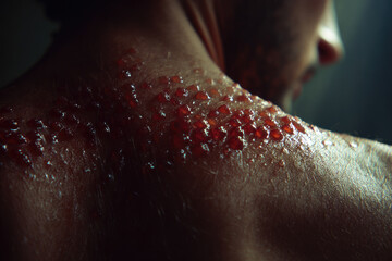 Fototapeta premium Shingles virus causes painful skin blisters on shoulder with red inflamed patches and irritation, showing close up of affected area in dramatic lighting