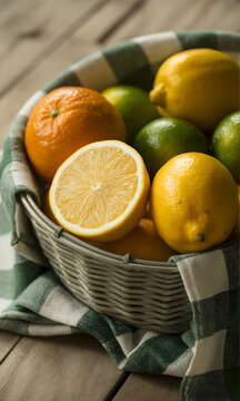 Cesta de mimbre con c&iacute;tricos frescos espa&ntilde;oles, limones, limas y naranjas sobre mesa de madera r&uacute;stica