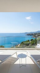 Fototapeta premium Modern balcony with sun loungers overlooking the Mediterranean sea