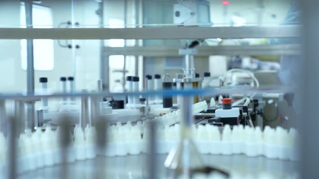 eye drop production factory. Ophthalmic drops filling, eye ear drop making process in factory. eye drop medicine in plastic bottles on conveyor belt. production of drops in a pharmaceutical line