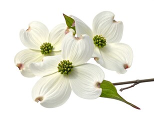 Obraz premium Close-up of delicate white blossoms with yellow-green centers, green leaf, and brown branch against white background