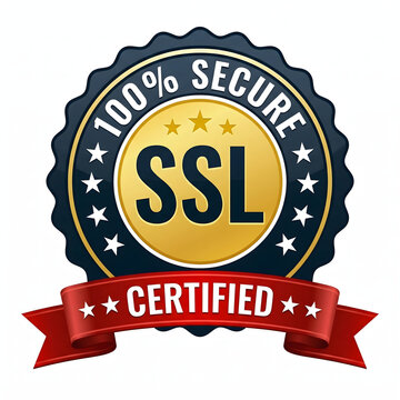A secure SSL certified logo with a red ribbon and gold seal
