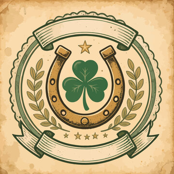 Vintage St Patricks Day Emblem with Horseshoe and Shamrock.