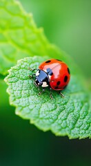 Fototapeta premium Ladybug on a green leaf. Macro photo.
