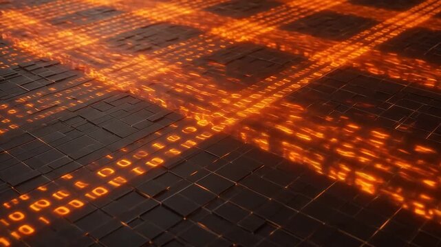 Digital grid with glowing binary code