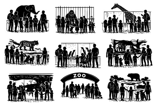 Family visit to zoo with various animals and exhibits silhouettes.