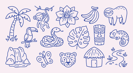 Fototapeta premium Tropical jungle doodle collection with clean outline style. Palm, monkey, toucan, snake, waterfall, hut. Exotic rainforest elements for travel design, kids coloring and nature branding.
