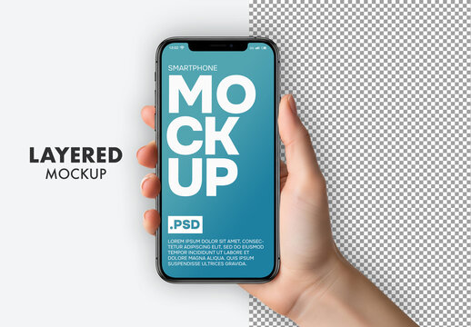 Woman hand holding mobile phone on isolated background