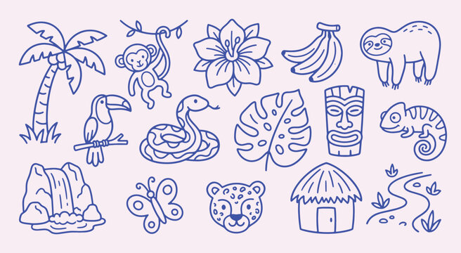 Tropical jungle doodle collection with clean outline style. Palm, monkey, toucan, snake, waterfall, hut. Exotic rainforest elements for travel design, kids coloring and nature branding.