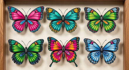 Obraz premium Colorful Butterflies Displayed in Wooden Frame