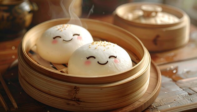 Close-up of two white, steamed buns with smiling faces inside a bamboo steamer. Another steamer is in the blurry background