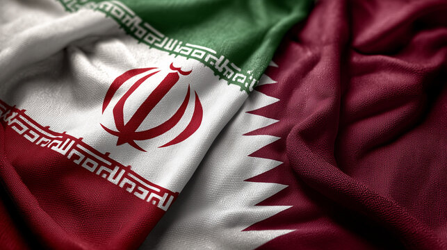 iranian and qatari flag waving together. relations between iran and qatar