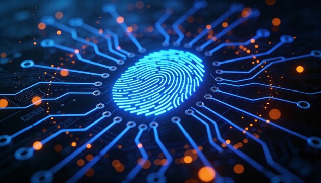 Glowing Blue Fingerprint Symbol with Circuit Board Connections Radiating Outward on Dark Background, Orange Bokeh Particles, Biometric Security Technology Concept Art, Digital Identity