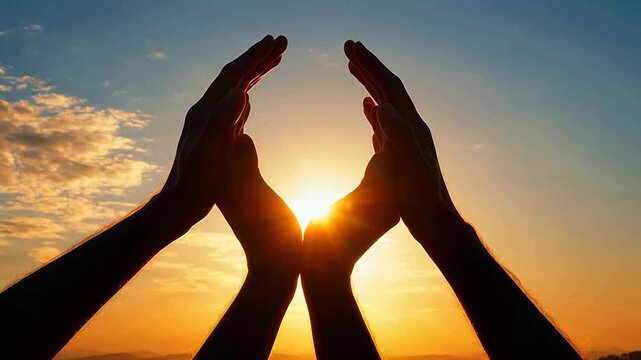 Hands framing sun in sky