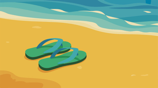 Green flip flops on sandy beach by ocean waves summer vacation relaxation concept