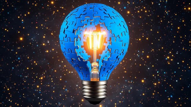 Light bulb with puzzle pieces in space