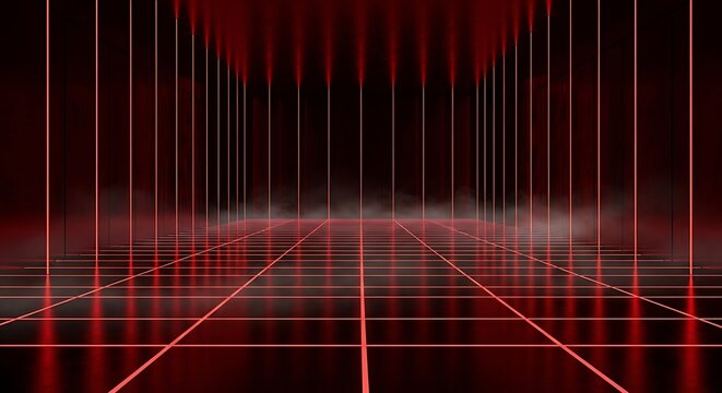 A dark room with red lines on the floor and walls